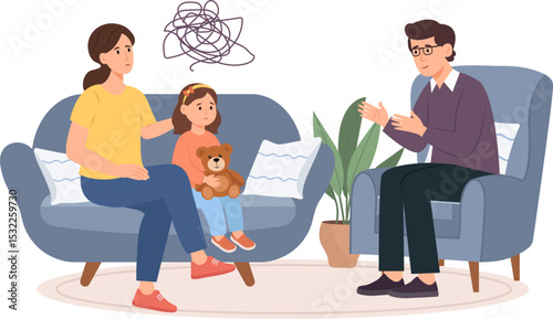 Mother and daughter in the office of a child psychologist. Family consultation.  Psychologist and professional support concept. Vector illustration