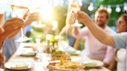 Friends toasting wine glasses at outdoor dinner party, celebration, summer gathering. 4K video, social event, lifestyle, happy people, food and drink, friendship goals.