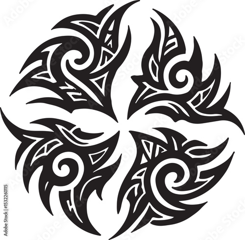 Symmetrical Tribal Flame Emblem  Bold Black & White Graphic Design