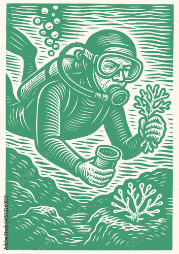 a green woman diver in wetsuit collecting underwater samples, detailed brush stroke postal stamp art, vintage etching illustration collection engraving style woodcut design