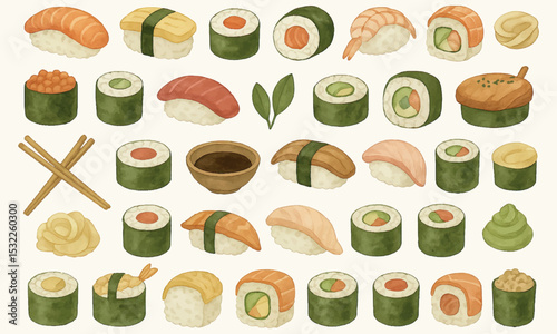 This vibrant illustration showcases a variety of Japanese sushi and rolls, including nigiri, maki, and temaki, adorned with fresh fish, avocado, and roe. Accompanied by soy sauce, wasabi, ginger