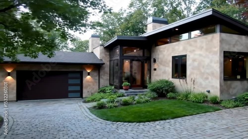 Modern House Exterior Evening Landscape Design showcasing a beautiful home with lush landscaping and stone driveway