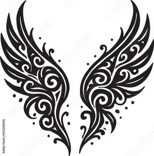Symmetrical Tribal Wings Ornate Black and White Vector Illustration