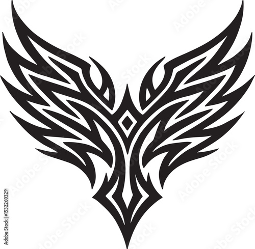 Tribal Winged Crest Emblem  Symmetrical Black and White Graphic Design