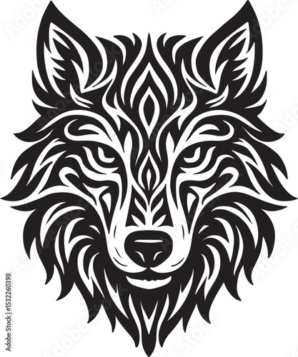 Tribal Wolf Head Portrait Symmetrical Black & White Flame Design