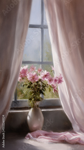 Painting of pink flowers in vase on a sunlit windowsill. Soft sunlight seeping through old window glass. Painted on canvas. Bush strokes and canvas texture visible.