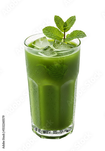 Refreshing Green Juice in a Glass with Ice and Mint