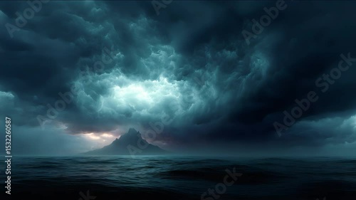 Dramatic mountain island under ominous storm clouds