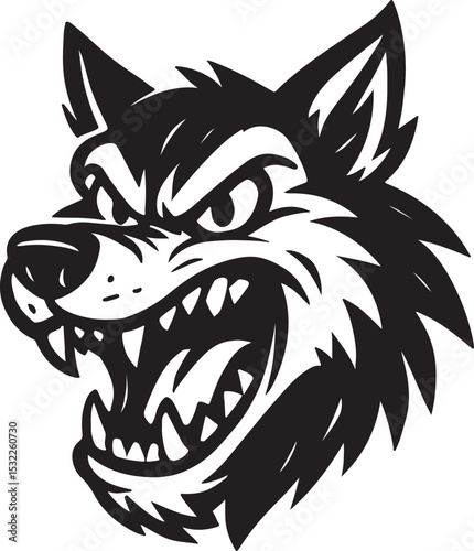 Snarling Wolf Head  Bold Black and White Graphic Illustration