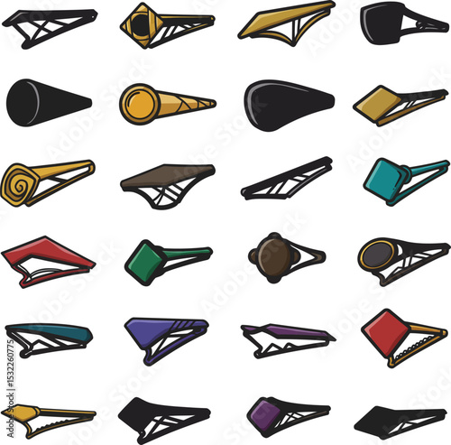 Diverse vector illustrations of abstract and colorful tie clips, perfect for modern fashion accessories, branding, and unique graphic design projects.