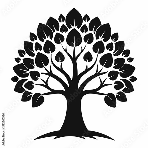 Bodhi Sacred Fig tree Watercolor icon black silhouette flat style on white background