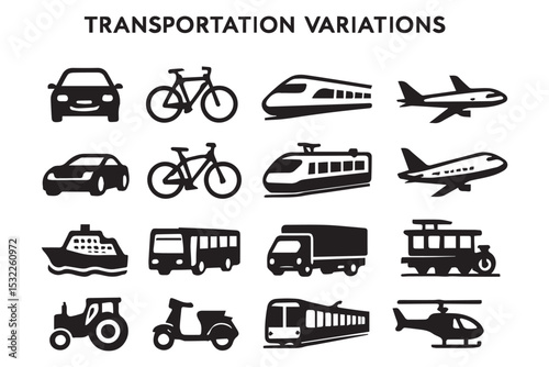 Various transportation modes illustrations including cars, bicycles, buses, and ships