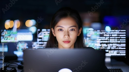 Female Programmer Building Intelligent Algorithms Dark Workspace Illuminated Code Futuristic Tech Room Chaos AR