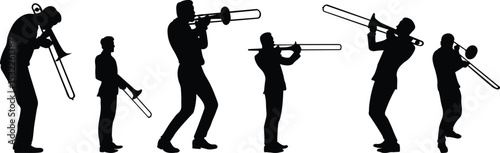 Silhouette set of trombone players. Jazz musical instrument of trombone players silhouette isolated on white background. Vector Illustration