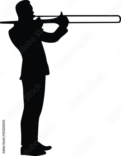 Trombone player silhouette. Jazz musical instrument of trombone player silhouette isolated on white background. Vector Illustration