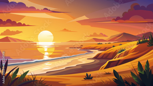 A warm glow defines sunset at beach, capturing beauty of coast. Sand dunes shine golden as sun dips below horizon. Gentle waves whisper over calm waters—an idyllic seascape masterpiece.

