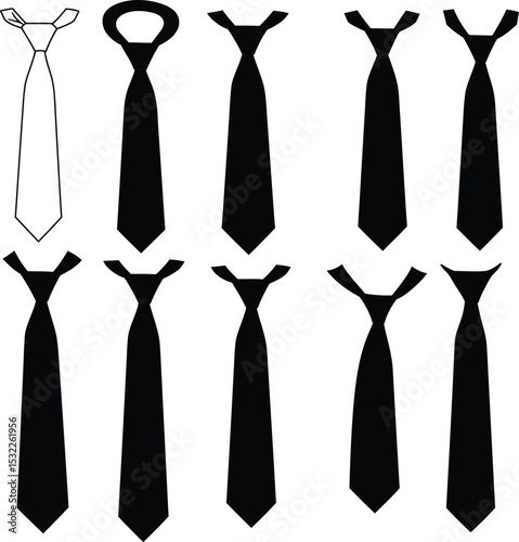 Diverse vector illustration set of black necktie silhouettes, perfect for fashion, business, formal wear, and apparel-related graphic projects.