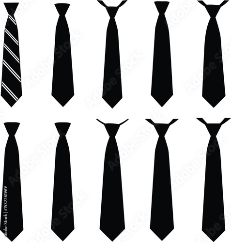 Diverse vector illustration set of black necktie silhouettes, perfect for fashion, business, formal wear, and apparel-related graphic projects.