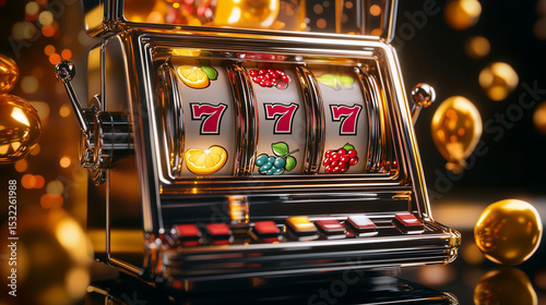 Realistic Fruit Slot Machine with Golden Balloons