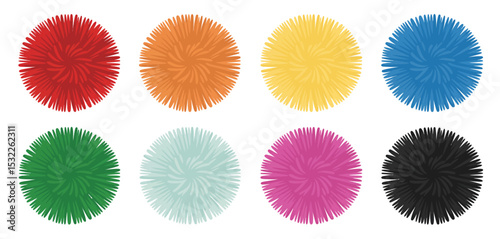 Eight Colorful Pom Poms on White Background