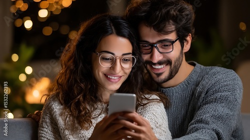 Couple using smartphone at night