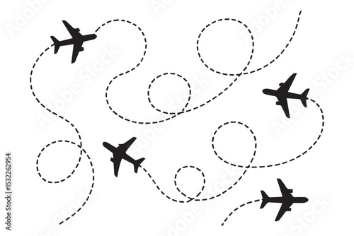 Multiple airplanes with dotted flight paths in minimal style illustration