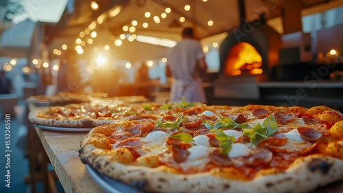 Freshly baked pizza with pepperoni, mozzarella and greens served on wooden table at outdoor pizzeria with blurred chef and brick oven in background