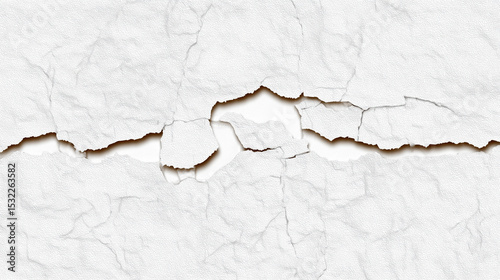 The image shows the texture of a white wall with a long crack running horizontally through its surface. The crack is uneven and surrounded in places by smaller, branched cracks, giving the image a rea