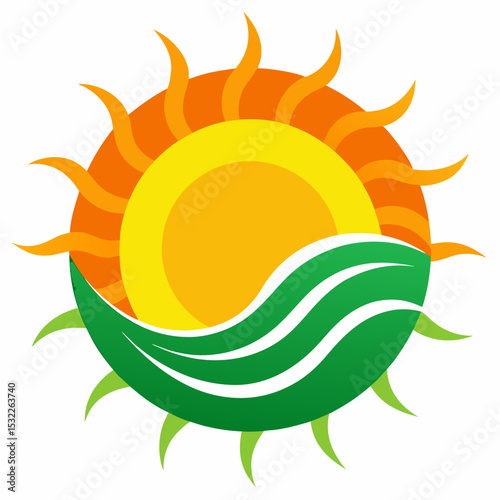 Abstract sun with green, yellow, and orange waves vector icon on white background.