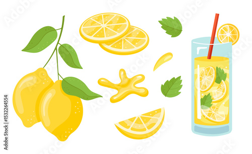 Set of lemon elements in flat cartoon style. Whole lemons, slices, mint, juice drops, splash, and lemonade in glass with straw. Vector isolated.