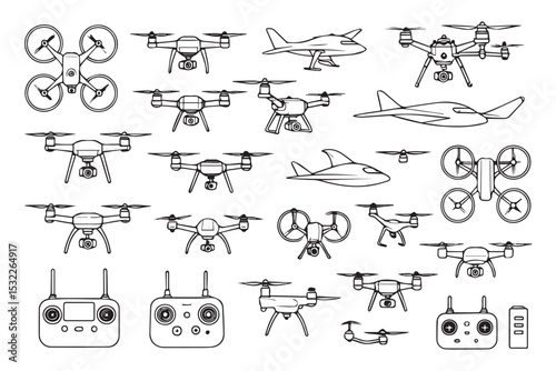 set of various drone types, controllers, and propellers, black and white illustration of flying vehicles