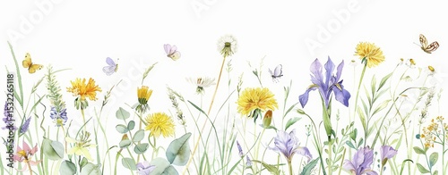 Watercolor wildflowers spring aesthetic, clipart style with defined edges on a white background.