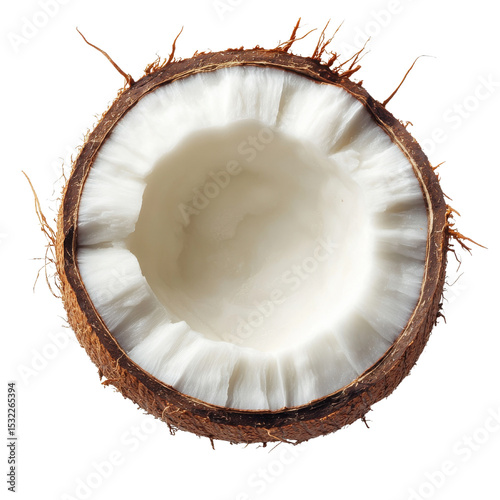 Top view of a halved brown coconut with white inner flesh, isolated on white background, ideal for tropical food or natural product themes