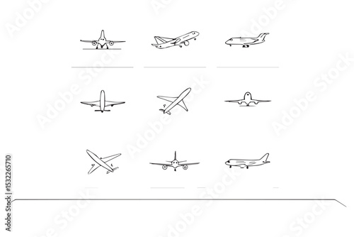 Airplanes in different flight orientations, sketch style. Various aircraft icons.