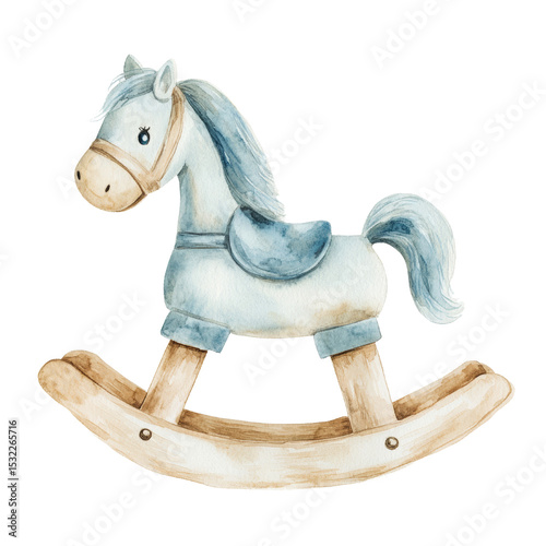 Cute watercolor rocking horse toy in soft pastel colors, perfect for nursery decor, baby shower themes, or children's designs
