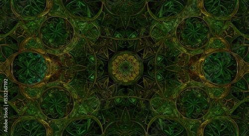 Geometric pattern featuring interconnected circles and floral designs in shades of green and gold, arranged in a symmetrical, kaleidoscopic layout.