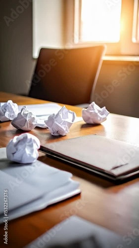 Scattered crumpled paper balls surround a notebook and loose papers on a wooden desk bathed in soft light from a nearby window.