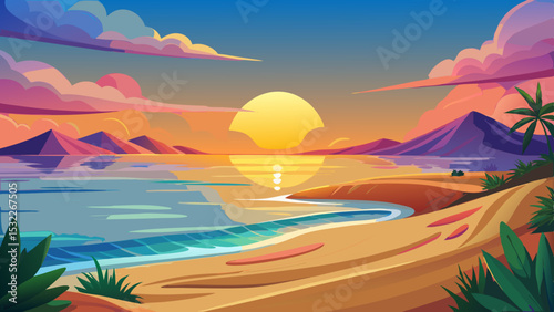 Capturing beauty of coast during sunset at beach is sublime. Sun dips below horizon, warming sand dunes. Gentle waves shimmer across calm waters, completing an idyllic seascape for perfect vector desi