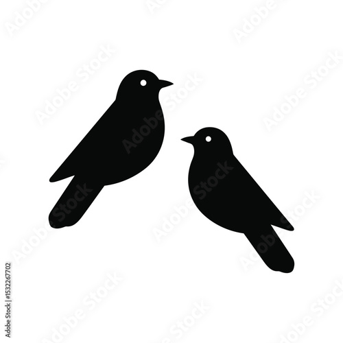 Two black bird silhouettes with white eyes facing opposite directions on a white background simple design