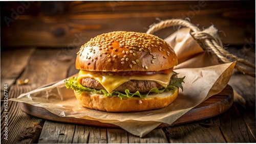 Juicy grilled beef cheeseburger with melted cheese, fresh lettuce, tomato, onion, and sesame seed bun, served with crispy golden french fries