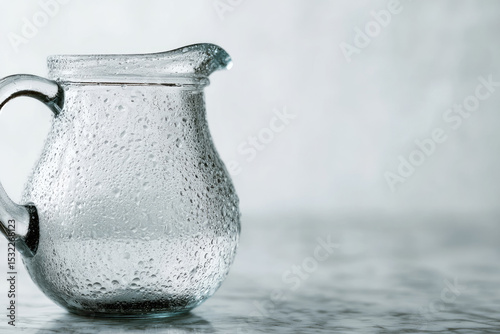 Close up of sweating glass pitcher filled with water sits on marble surface, creating refreshing and minimalistic scene