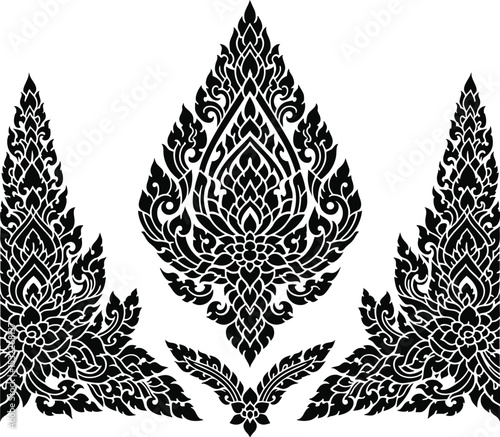 Intricate Thai Traditional Art Pattern with Elegant Floral and Flame Motifs 