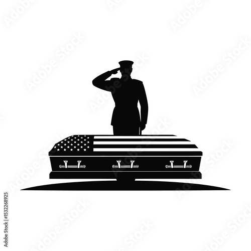 Military funeral saluting soldier at coffin