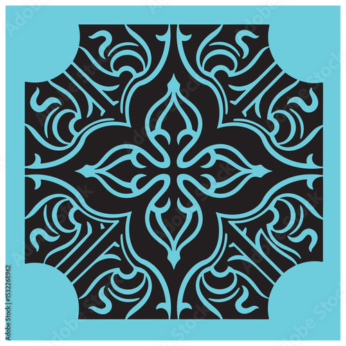 Elegant ornamental pattern in cyan and black decorative design with flourish elements