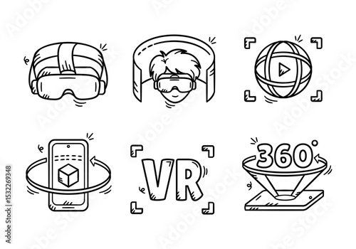 Virtual reality doodle icon collection. Set of augmented reality hand drawn illustration. Containing VR glasses, 3D video, 3d screen projector.