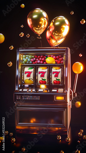 Realistic Fruit Slot Machine with Golden Balloons