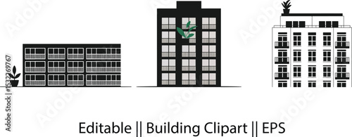 Black Silhouette of Apartment Building – Flat Roof & Uniform Windows Icon Design