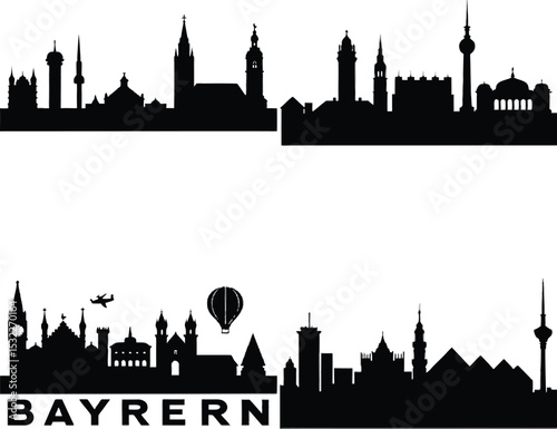 Four Bayern Germany Black Skyline Silhouette with Plane and Air Balloon on White