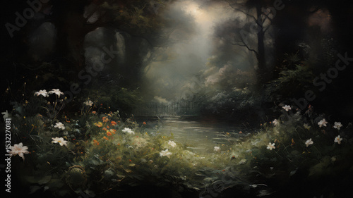 Moody oil painting of a Victorian garden. Muted colors, decorative ornaments and lush plant growth in Victorian era garden.