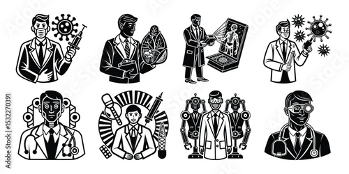 Set of doctor with wearable health monitors, robotic surgery assistants, gene therapy tools, powered diagnostics, using nanotechnology, hologram medical imaging, 3d printed organs  Bundle vector 